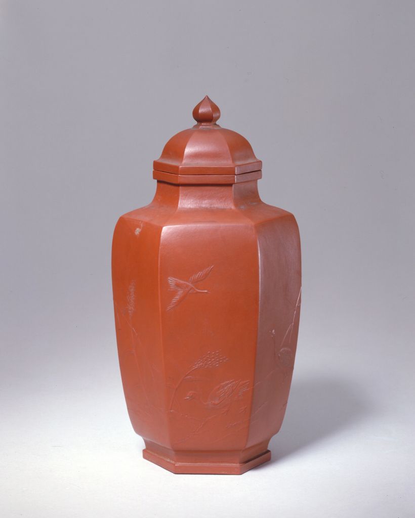图片[1]-Yixing kiln purple sand clay painted with reed and wild goose patterns hexagonal tea pot-China Archive